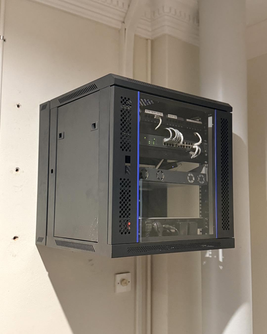 Finished business network cabinet from an angle
